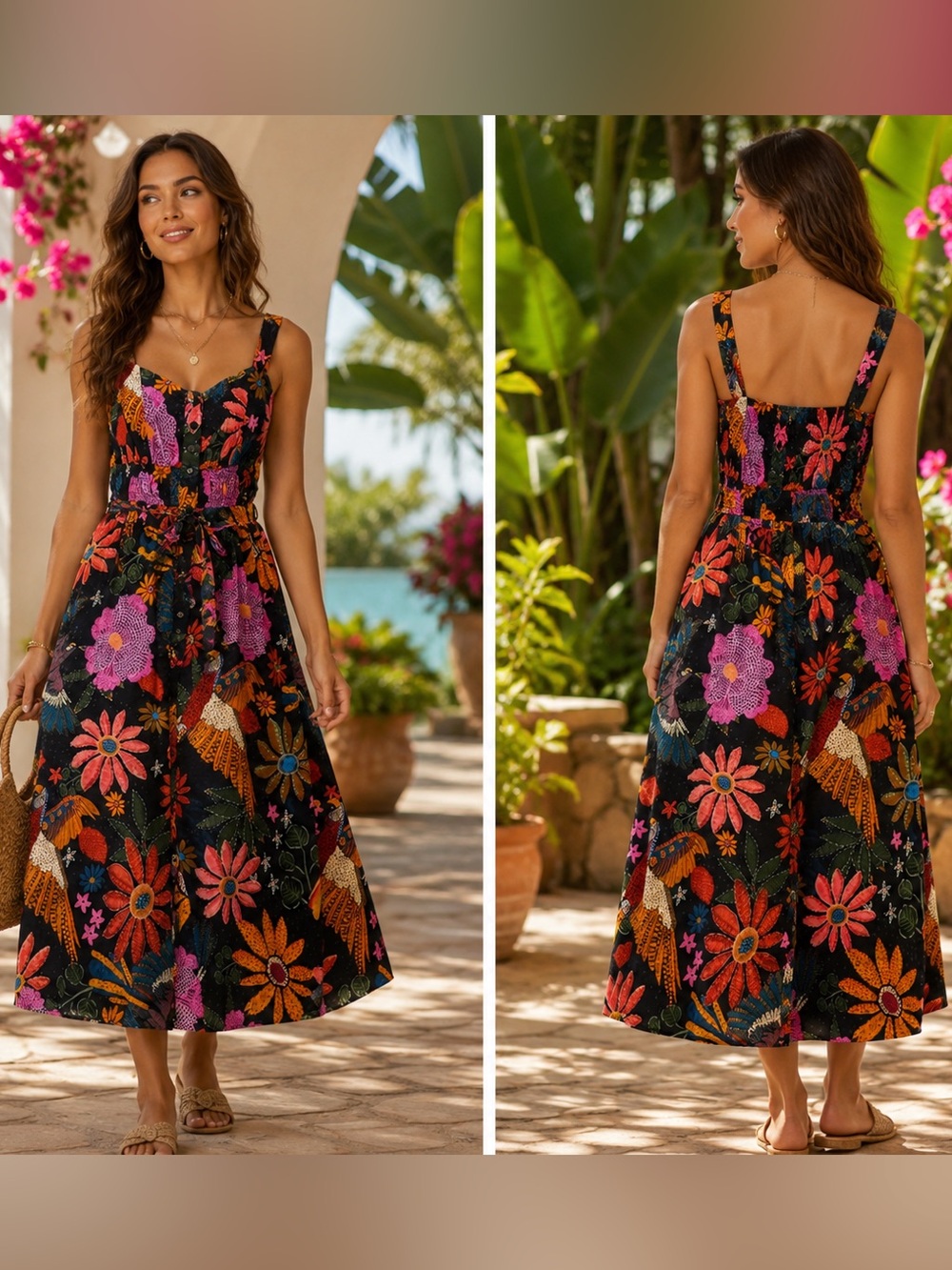SAL ROSA Tropical Bird & Floral Midi Dress Boho Vacation Dress Size XS